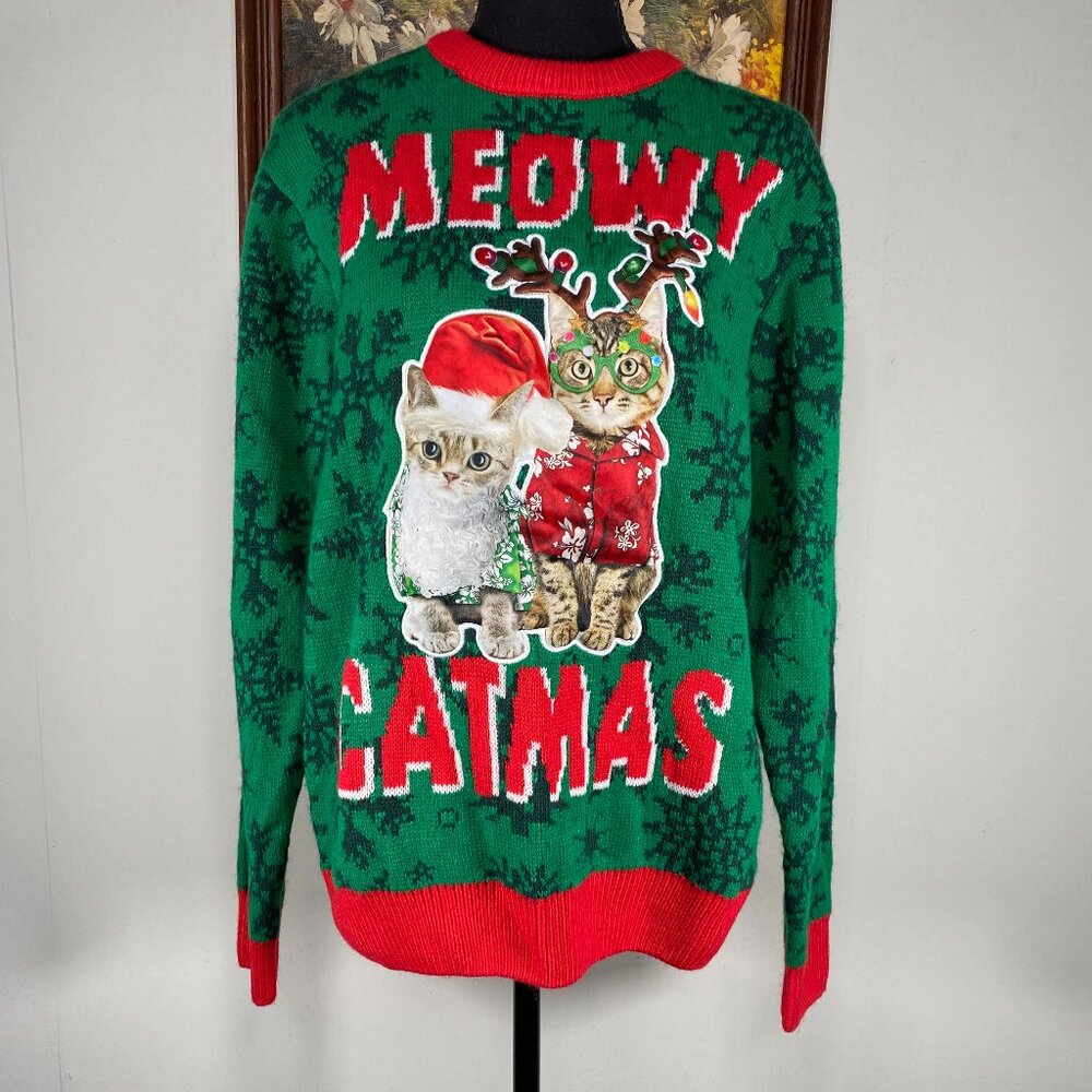Ugly Party Sweater Top Women's Large Meowy Catmas Merry Christmas Green Red